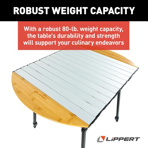 Lippert Bamboo/Hammer Grey Roll Top Camping Table with Powder-Coated Aluminum Top/Frame, Durable Bamboo Edges, Foldable Design, Adjustable Legs, Lightweight Construction - 2023053727
