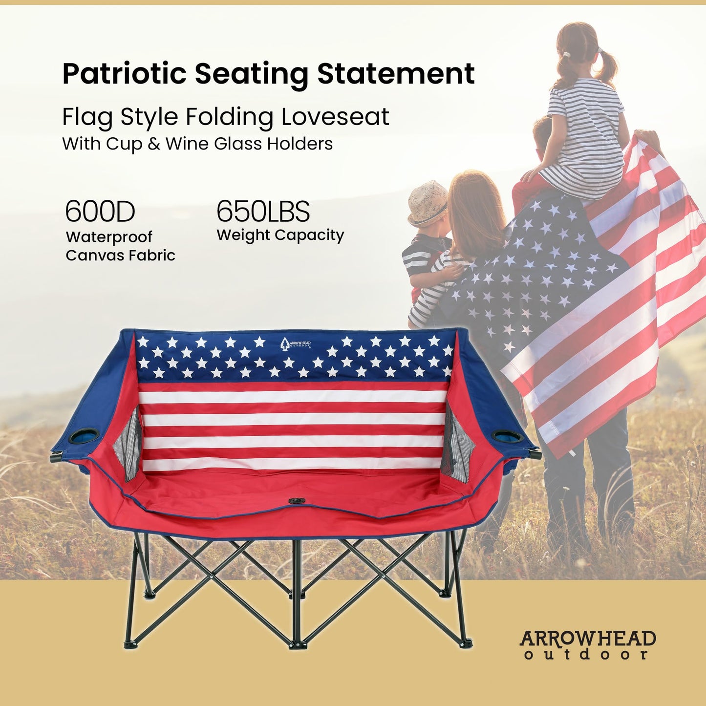 ARROWHEAD OUTDOOR Portable Folding Double Duo Camping Chair Loveseat w/ 2 Cup & Wine Glass Holder, Carrying Bag, Supports up to 500lbs