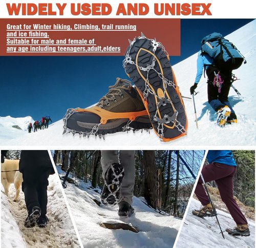 Crampons, Ice Cleats for Shoes and Boots, Traction Snow Grips, Anti Slip 19 Stainless Steel Spikes Safe Protect for Women Men Kids Hiking Climbing (Orange, XL)