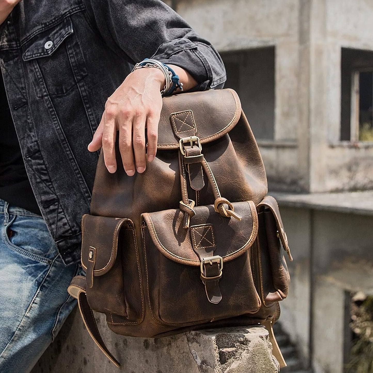 Vintage Full Grain Leather Rucksack Backpack for Men & Women - Casual Travel Satchel, Dark Brown
