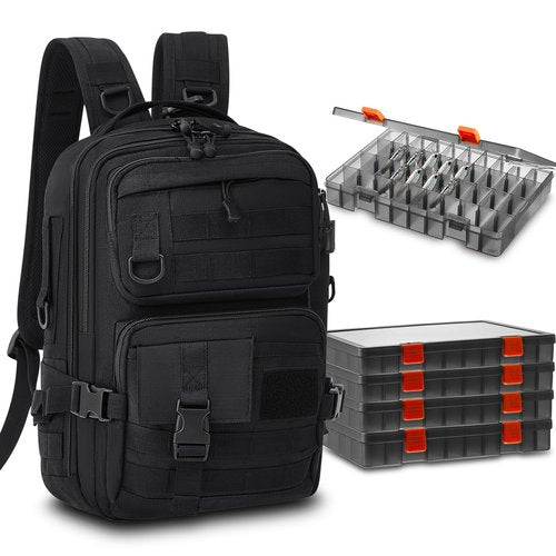 Locmeo Fishing Tackle Backpack with Rod Holders and 4 Tackle Boxes Large Storage Fishing Bags Water Resistant Tackle Bag for Camping Hiking Travel Gear and Equipment(Black,Shoulder Bag)
