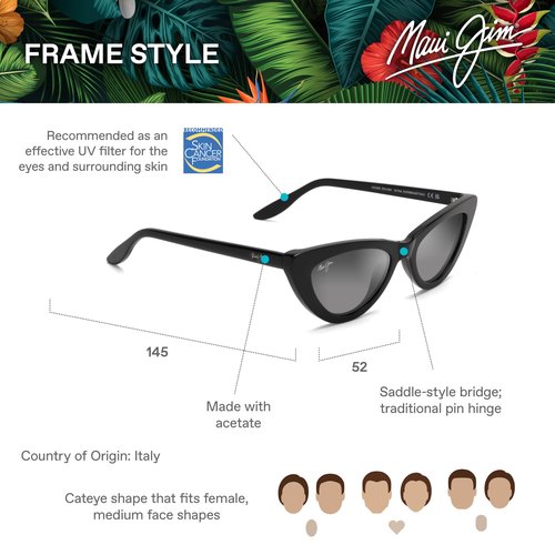 Maui Jim Women's Lychee Polarized Cat Eye Sunglasses, Black Gloss/Dual Mirror Silver to Black, Medium
