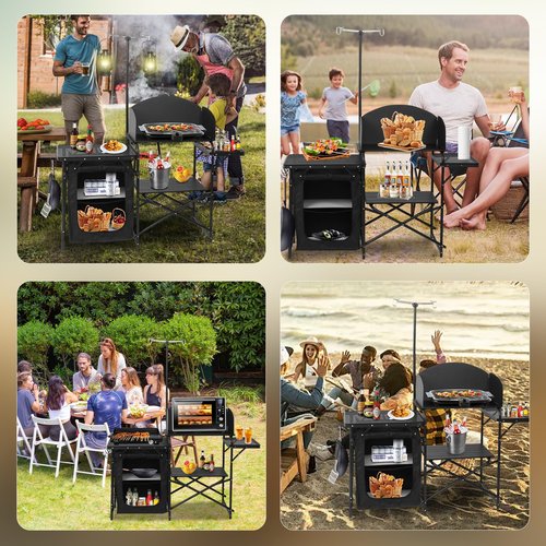 CDEN Camping Kitchen Station, Camping Table, Grill Table, with Light Stand and Windshield Cooking Station, outdoor