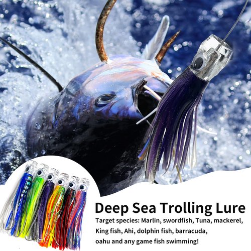 YOTO Trolling Lure Saltwater,6.5 inch 6 pcs Squid Skirted Deep Sea Fishing Lure kit,Tuna,Marlin,Wahoo,Shark,Mahi Trolling Fishing Lures