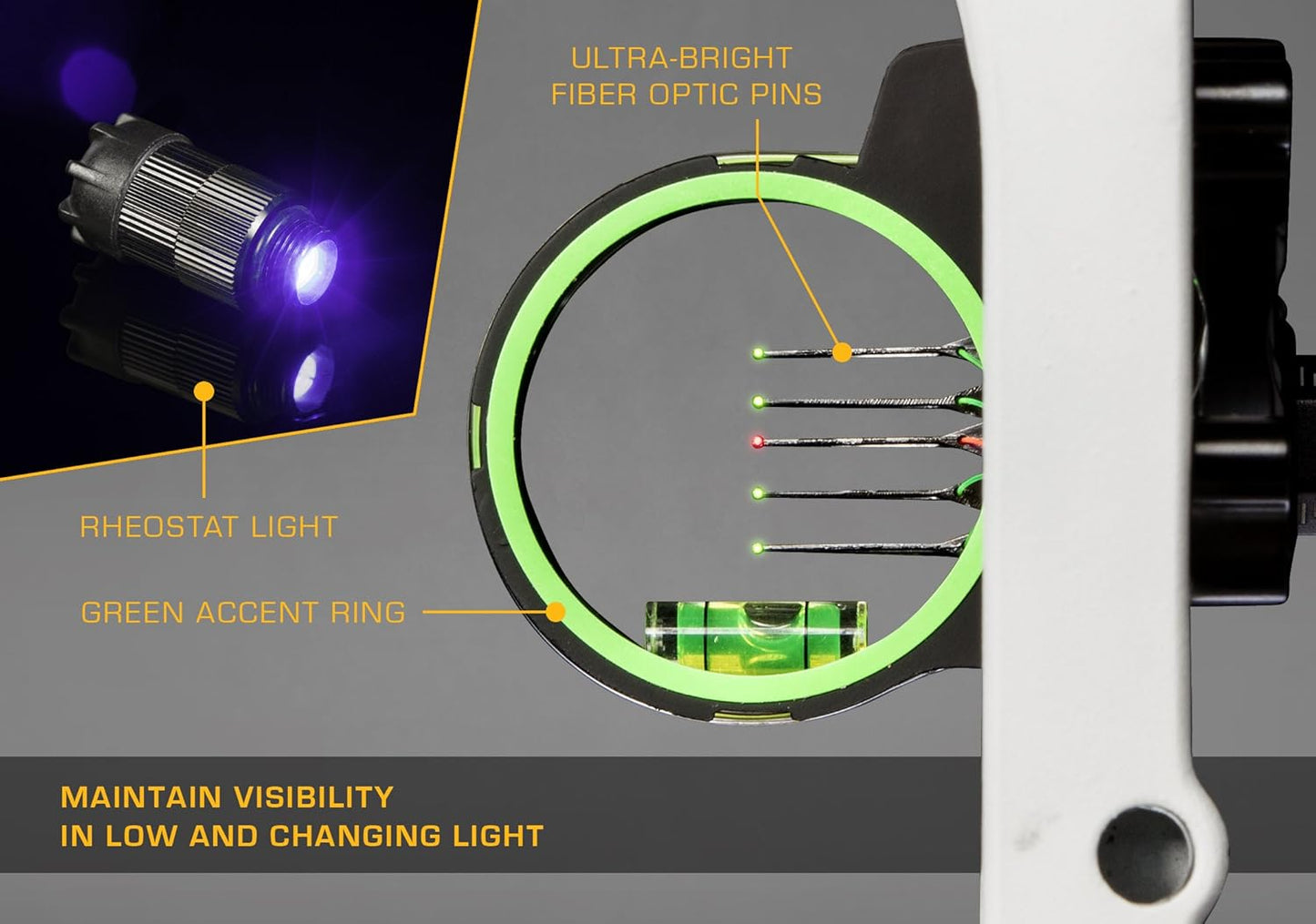 Trophy Ridge Volt 5 Pin Archery Bow Ambidextrous Sight - 5 Ultra-Bright Horizontal .019 Fiber Optic Pins, Bubble Level, Green Hood Accent for Quicker Sight Acquisition, Fiber Wrapped Pin Guard