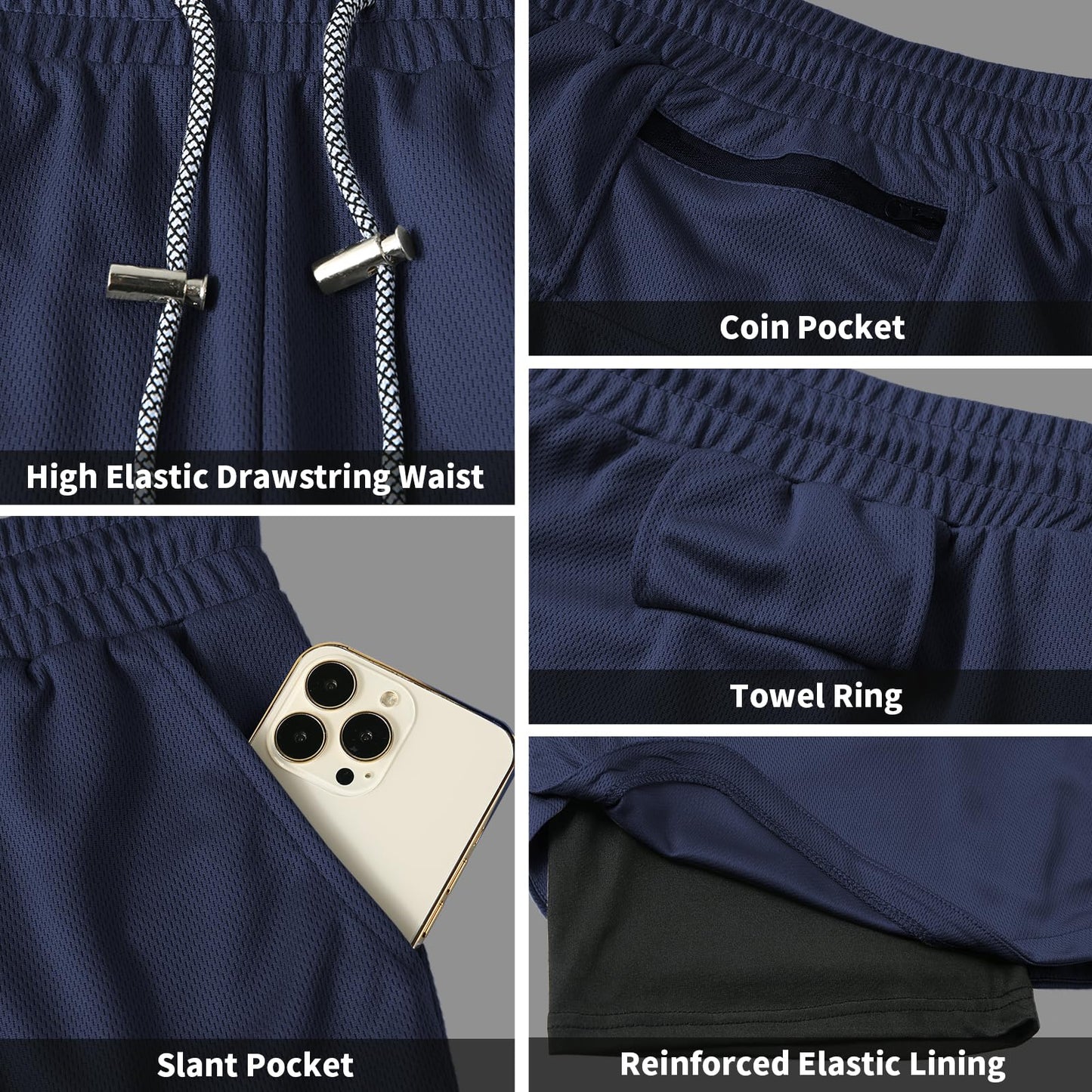 candyfouse Men's 2 in 1 Running Shorts, Quick Dry Workout Shorts with Liner, Athletic Shorts with Zip Pockets and Towel Loop Navy Blue