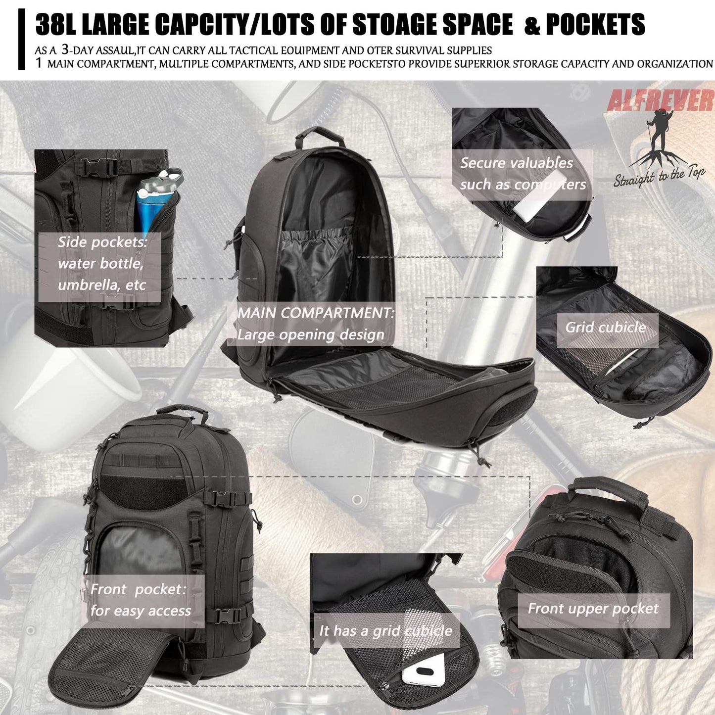 ALFREVER 38L Military Tactical Backpack Pack Bag|Army Backpacks|Large Camping Hiking Rucksack Daypack for Outdoor Women Man