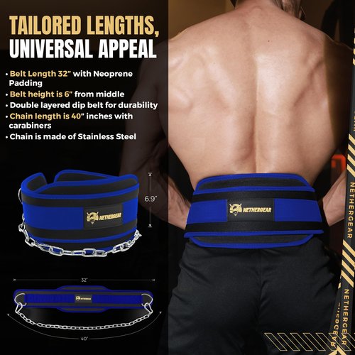 Nethergear Dip Belt for Weight Lifting with 36” Heavy-Duty Steel Chain, Comfortable Neoprene & Strong Stitching, Weighted Belt Ideal for Bodybuilding, Powerlifting, Pull Ups & Squats - Blue…