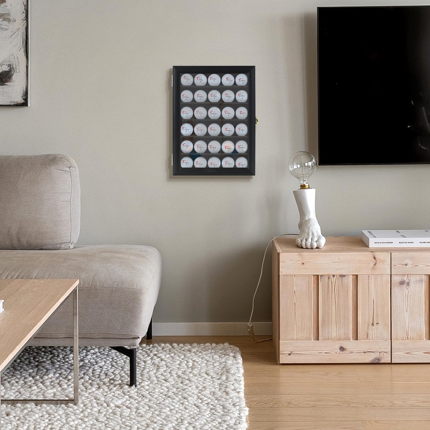 Golf Ball Display Case for 30 Golf Balls, Display Cabinet Great Golfer Memorabilia Gift for Golf Enthusiasts, Wall Mount with Lockable Door Black