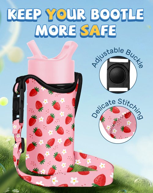 Miss Adola Water Bottle Carrier with Strap - Handheld Kids Water Bottle Holder for 10-16 oz Cute Cartoon Design Neoprene Crossbody Bottle Sling Bag for Girls for Insulated Drink Bottle, Strawberry