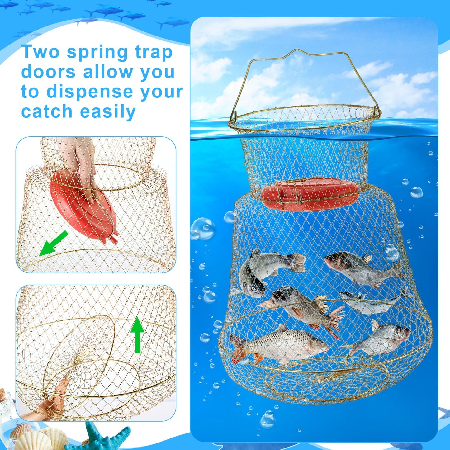 Hollowfly 2 Pcs Steel Wire Fish Basket and Fishing Landing Net with Extension Aluminum Telescoping Pole Includes 1 Portable Fishing Net with Handle 1 Collapsible Wire Fishing Basket for Women Men