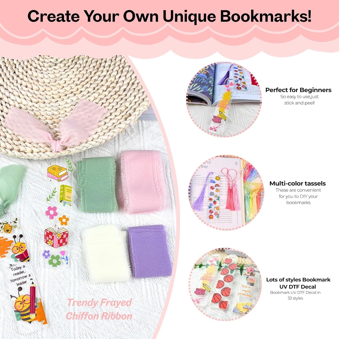 32 PCS Acrylic Bookmark Blanks(1mm Thick),Clear Acrylic Bookmarks with 32 Pcs UV DTF Sticker,32 Pcs Tassel, Suitable for DIY Your Crafts Gifts