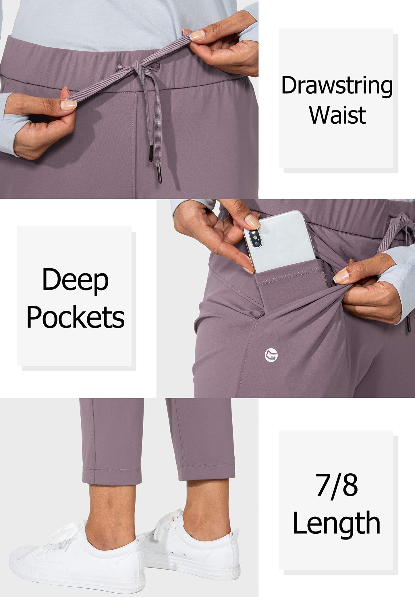 G Gradual Women's Pants with Deep Pockets 7/8 Stretch Sweatpants for Women Athletic, Golf, Lounge, Work (Dusty Purple, X-Large)