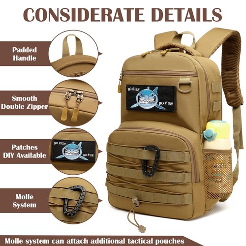 SunForMorning Kids Tactical Backpack Army Molle Bookbag Military Boys Backpack for School, Outdoor, Travel, Camping, Brown