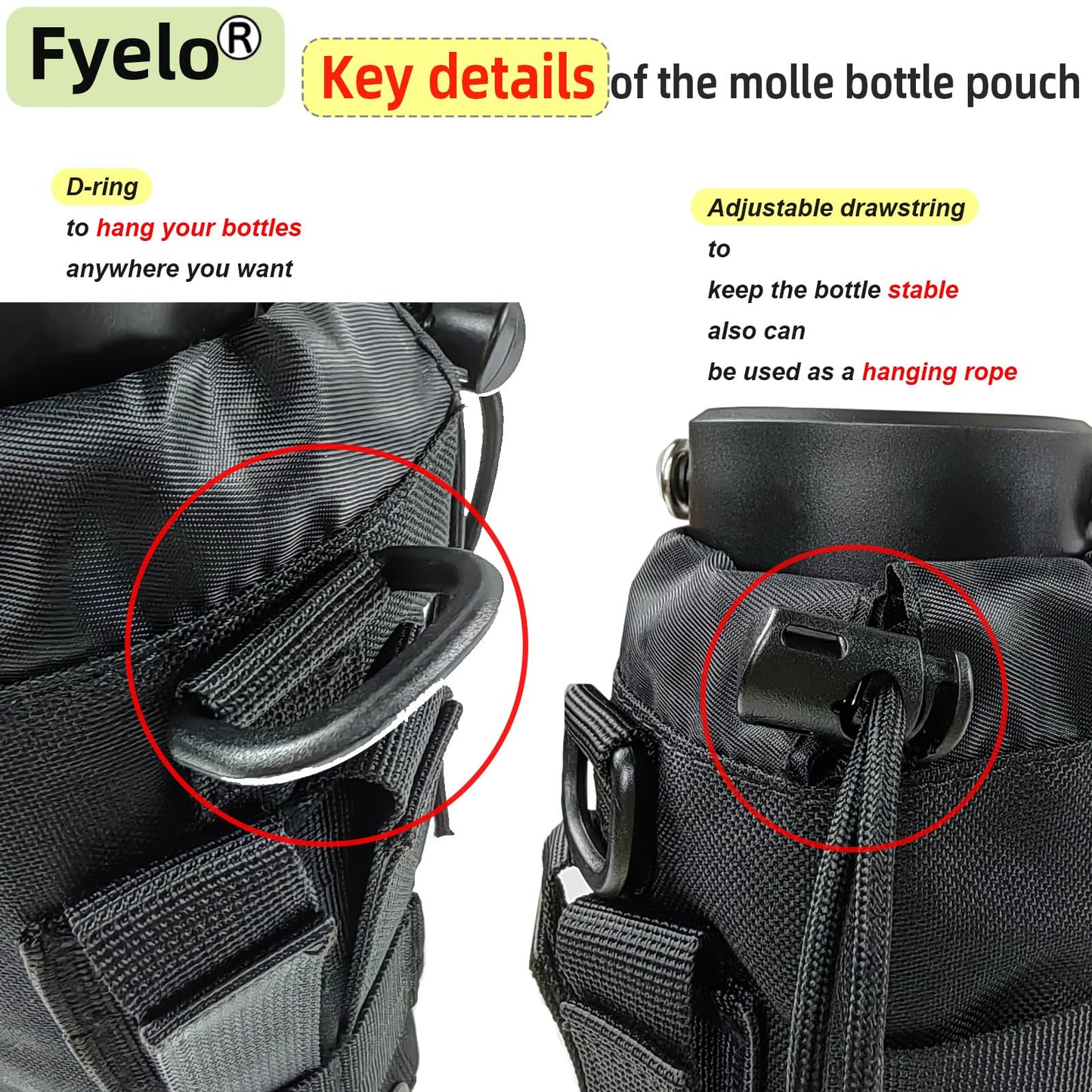 Fyelo Tactical MOLLE Bottle Pouch Bag, Travel/Sprots Molle Water Bottle Holder with Drawstring Open Top and Mesh Bottom - Black