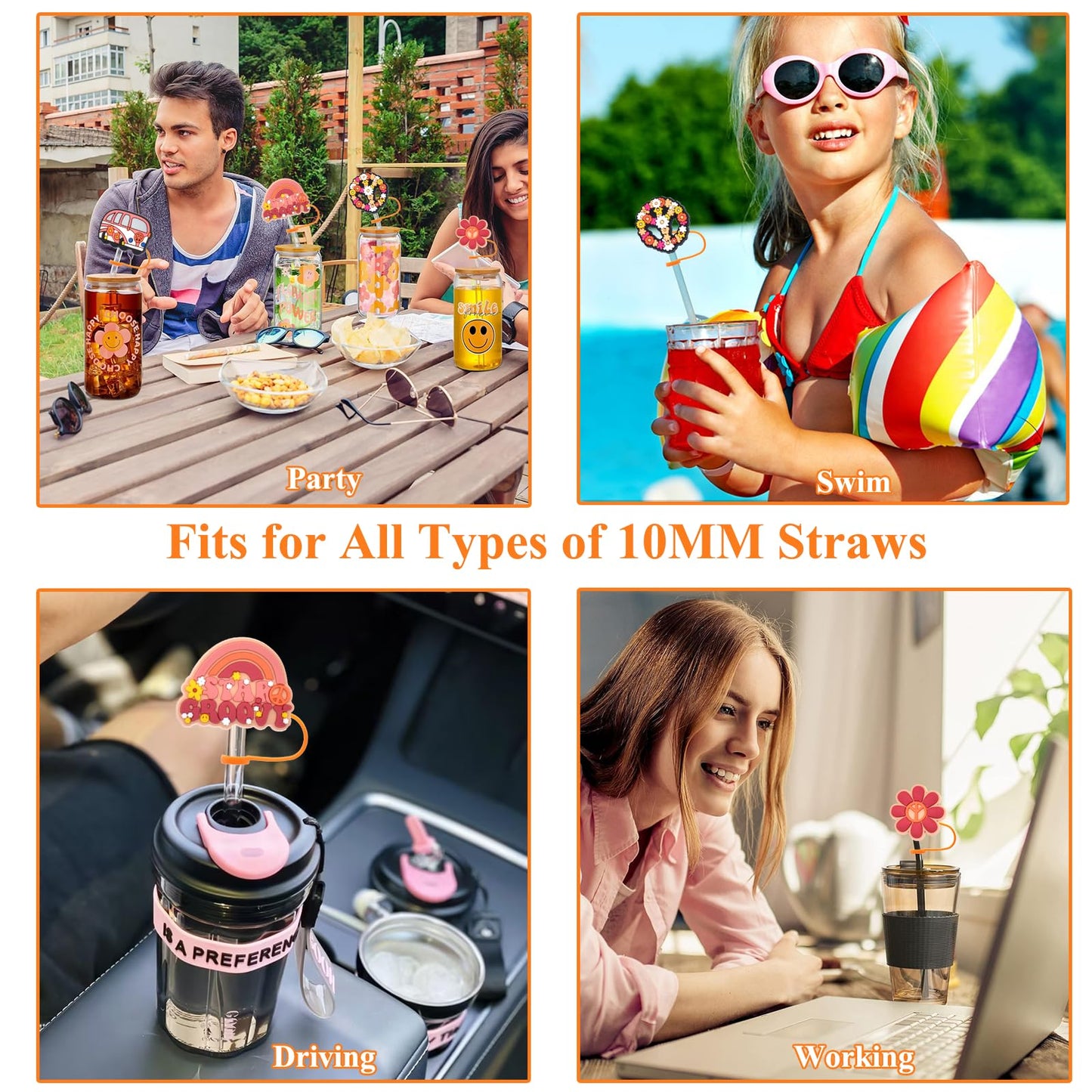 Amreich Boho Straw Cover for Stanley Cup - 4PCs Orange Stanley Cup Accessories, Groovy Hippie Design 60s 70s Party Straw Favors