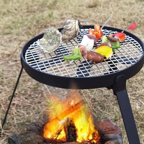YBTMG Folding Campfire Tripod with 304 Stainless Steel Grill, Heavy Duty Cast Iron Camping Stand for Cooking Dutch Oven for BBQ Picnic Hiking Fishing Travel