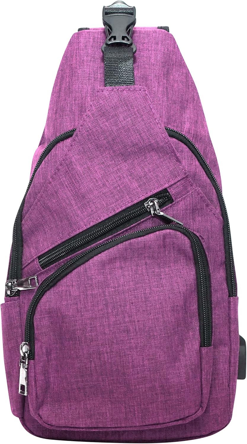 Anti-Theft Daypack Crossbody Sling Backpack, USB Charging Connector Port, Lightweight Day Pack for Travel, Hiking, Everyday, Regular, Black