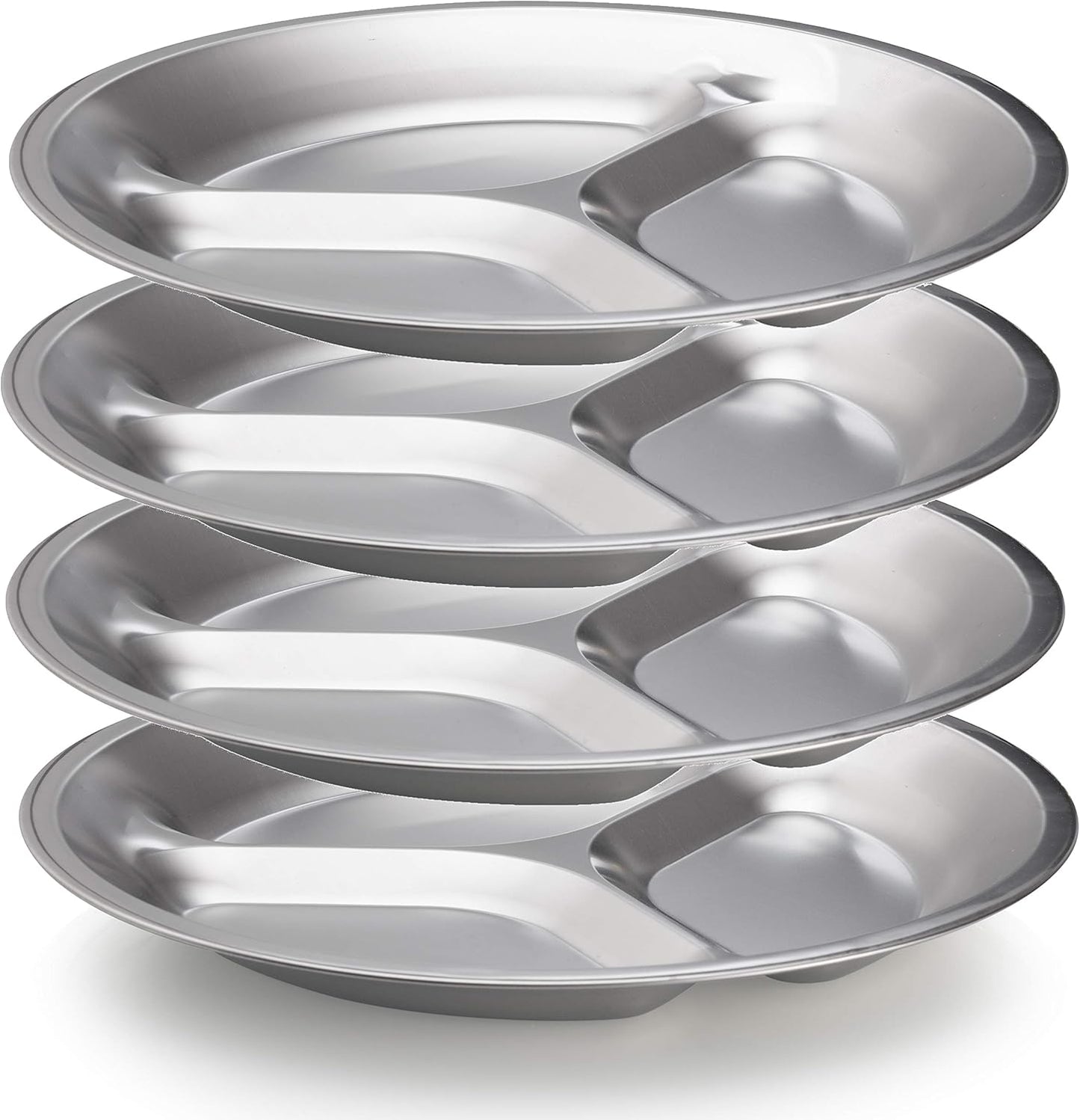 Portable Stainless Steel Plate Set - 4 Round BPA-Free Sectioned Plates with Travel Bag for Camping, Hiking, BBQ & Beach