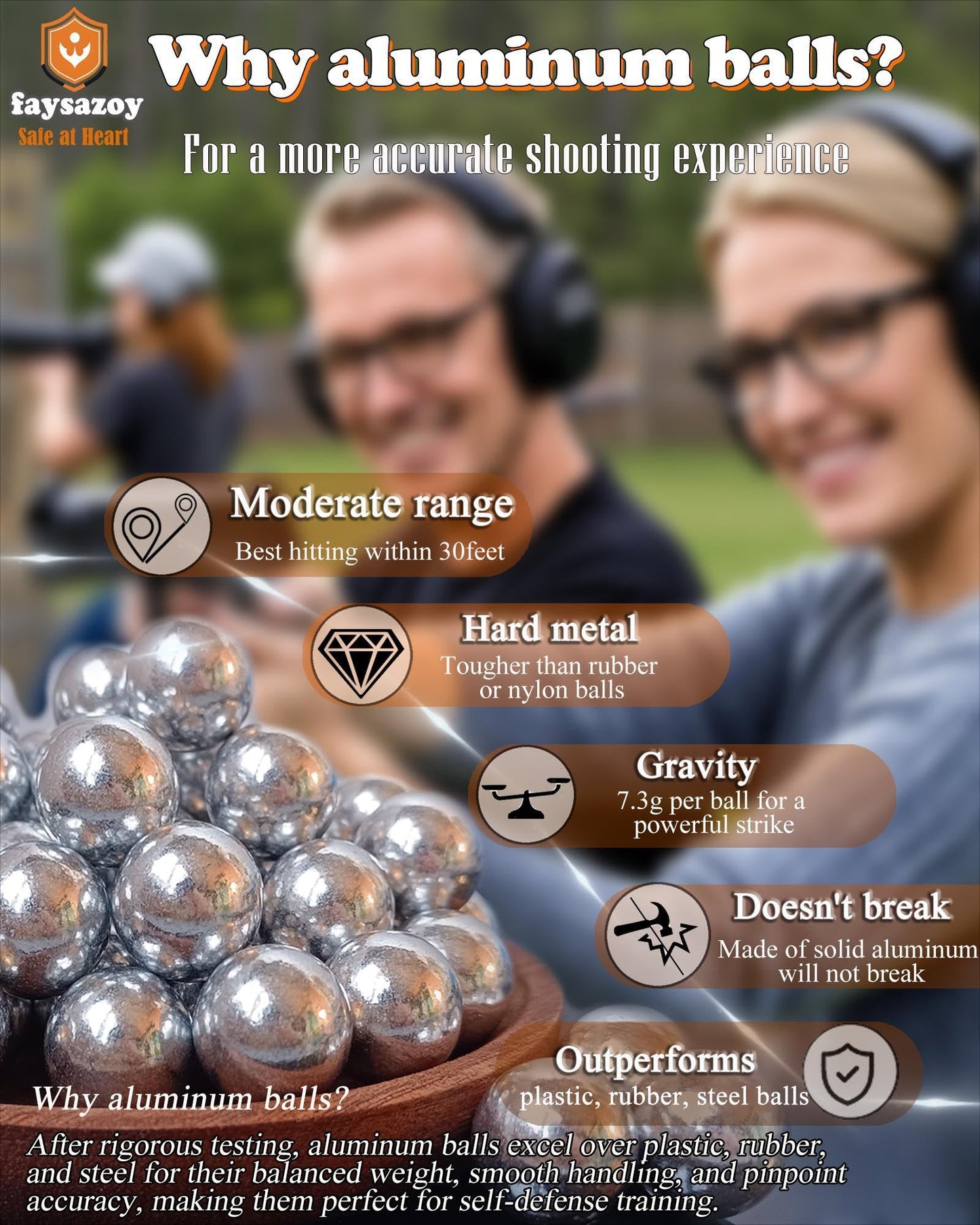 Faysazoy 50 x .68 Caliber Self Defense Balls & Projectiles, 7.3g, Hard - Reusable 0.68 Caliber Aluminum Balls for Home Defense, Practice, and Training (50)