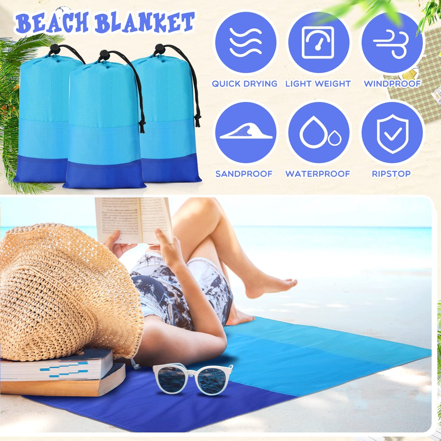 10 Pack Beach Blankets Sandproof 78 x 82 Inch Bulk Large Waterproof Beach Mat for 1-6 Adults Oversized Sand Free Beach Blanket with Stakes Climbing Hook Storage Bags for Travel Camping Picnic Hiking