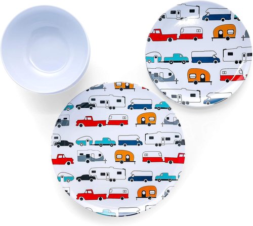 Camco Teal Life is Better at The Campsite 12 Piece Dishware Set-Blue Retro Trailer and Logo Design, Includes Plates and Bowls, Perfect for RVing and Camping, Melamine (53296)