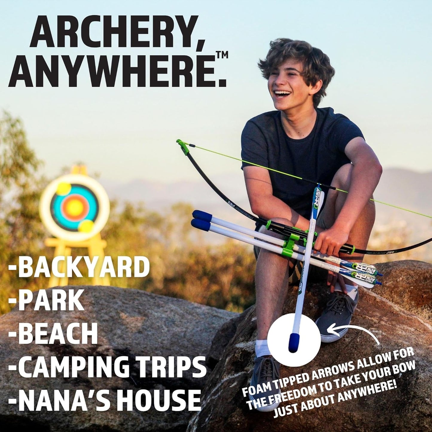 Original FAUX BOW Pro Longbow– Patented Bow and Arrow Impact Archery Set - Shoots Over 200 Feet – Best Outdoor Toy - Youth Safe Archery Anywhere - Fun Backyard Target Practice