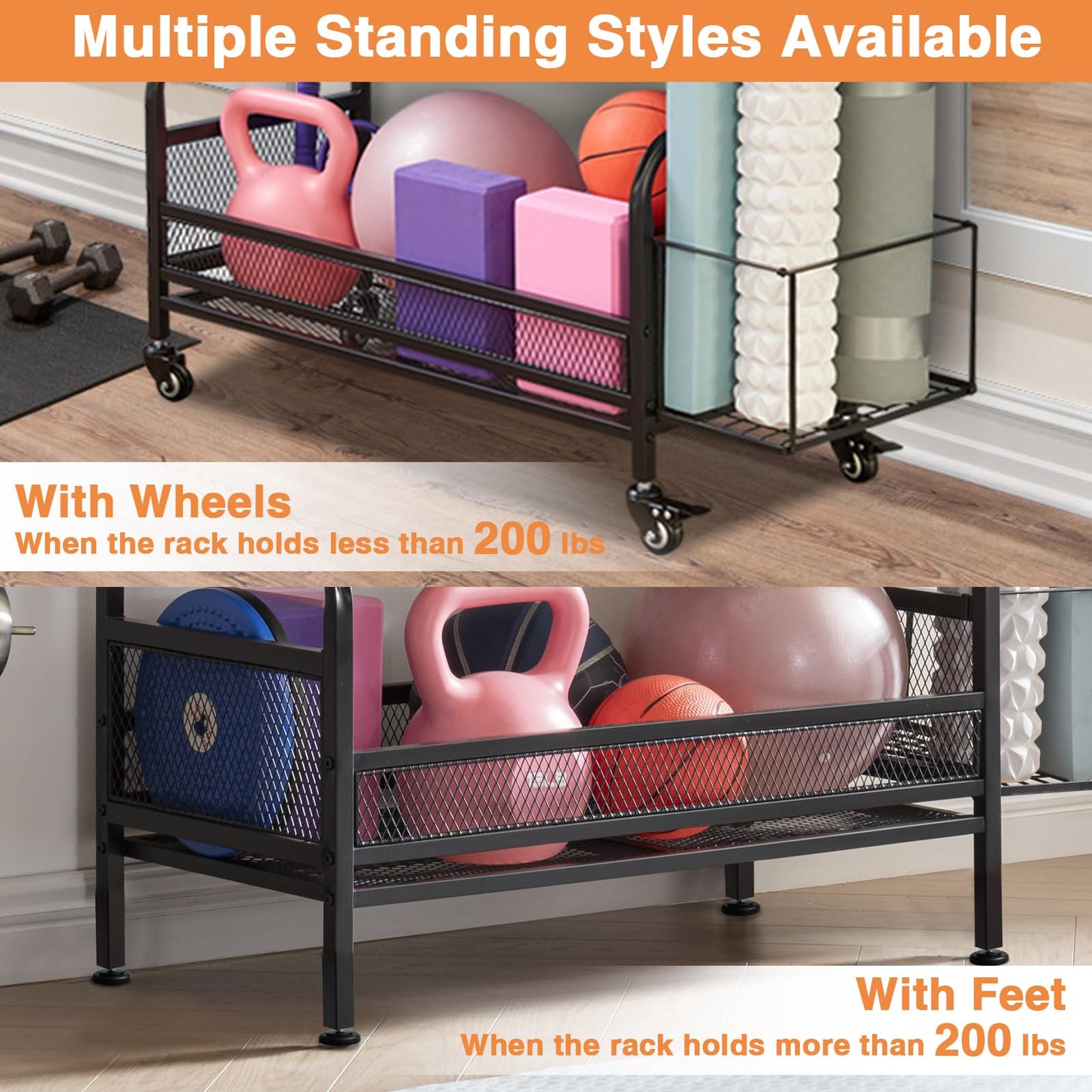 56'' Taller Home Gym Storage Organizer, Yoga Mat Storage Rack with Hanging Board, Exercise Workout Equipment Storage Stand for Home Gym, Dumbbell Holder Kettlebell Rack with Wheels and Hooks (Black)