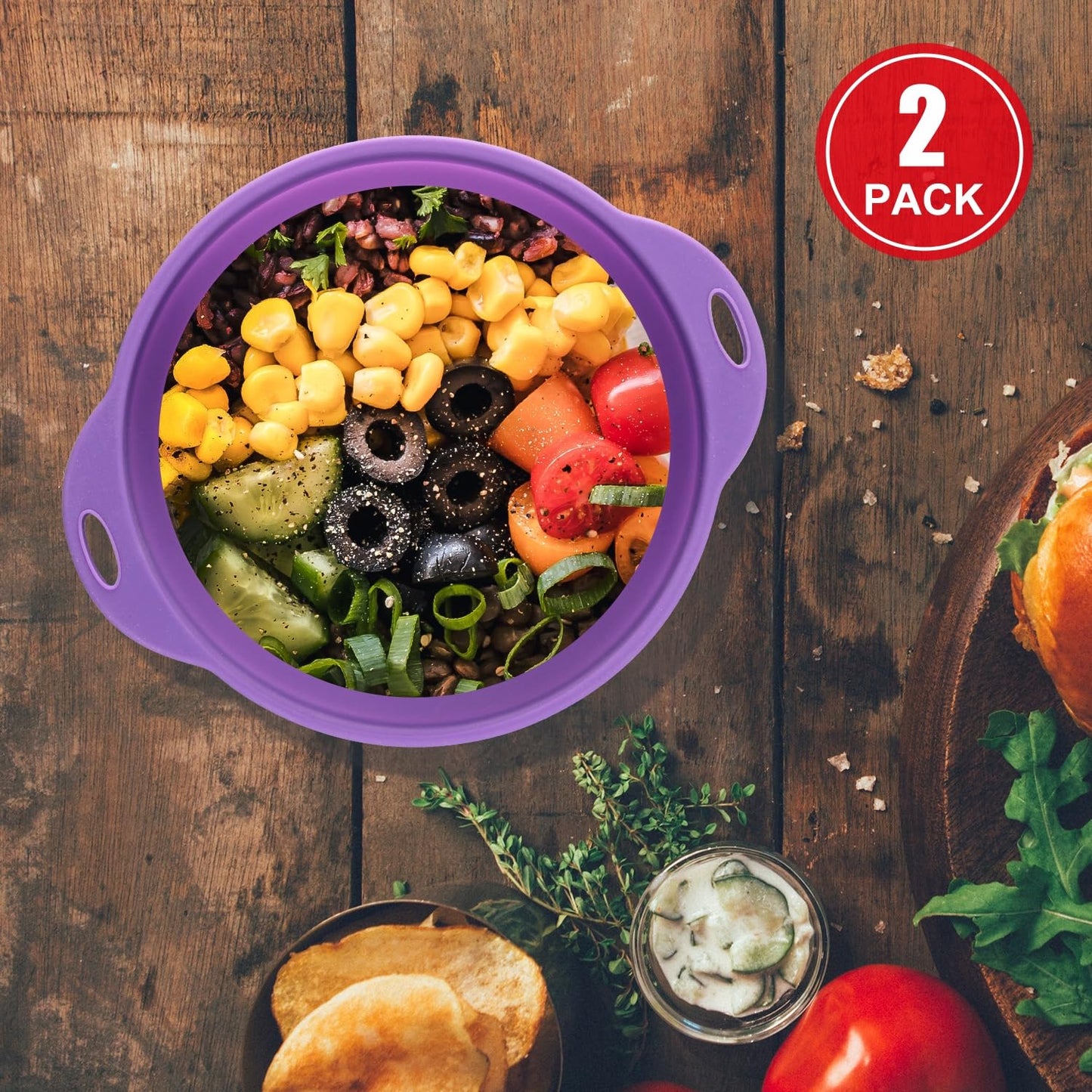Jovilife Collapsible Mixing Bowl 2 Pack Camping Bowl Outdoor Hiking Travel 61 oz Collapsible Bowl for Storage and Mixing Food-Grade Silicone Food Storage Container(Purple)