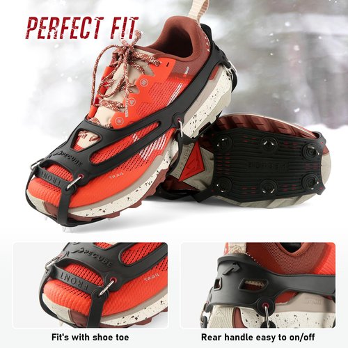 Pecube Ice Cleats for Shoes and Boots Men Women Trail Running 20 Stainless Steel Spikes Anti-Slip Footwear Traction Cleats Snow Grips Crampons for Hiking Ice Fishing Walking on Snow (Black-M)