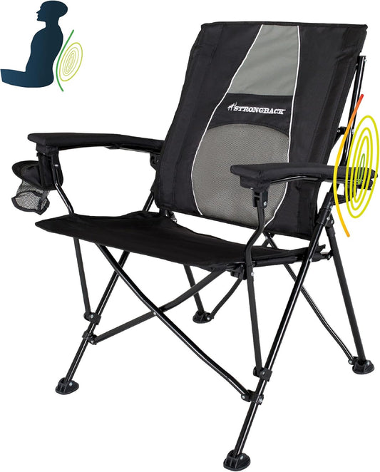 STRONGBACK Elite Folding Camping Lawn Lounge Chair Heavy Duty Camp Outdoor Seat with Lumbar Support and Portable Carry Bag - Navy/Grey