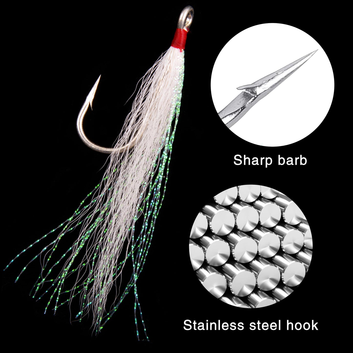 AGOOL Bucktail Teasers Fishing Hooks Saltwater Flounder Rig Stainless Steel Fishing Hooks Bucktail Mylar Teasers Inserted for Catfish Cod Flounder Hi/Lo Rig