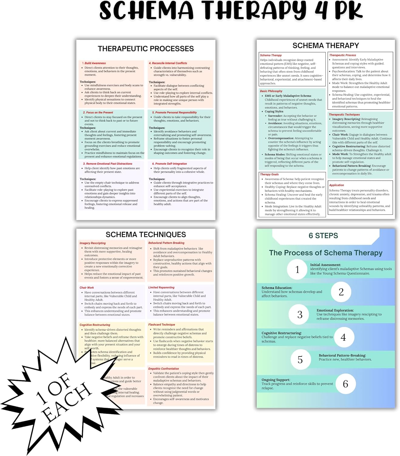 Schema Therapy Cheat Sheets 4pk 8.5x11” Laminated Modes Maladaptive Techniques Therapists Worksheet Resources Psychology Reference Sheet Healing