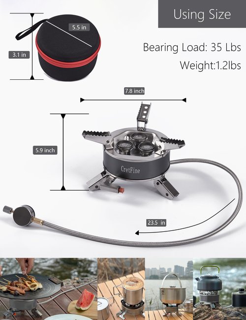 CretFine 6800W Windproof Camping Stove with Adapters, Foldable Backpacking Triple Burner with Portable Case, Piezo Ignition, Compatible with Propane, Butane, and Isobutane for Hiking, Camp Cooking