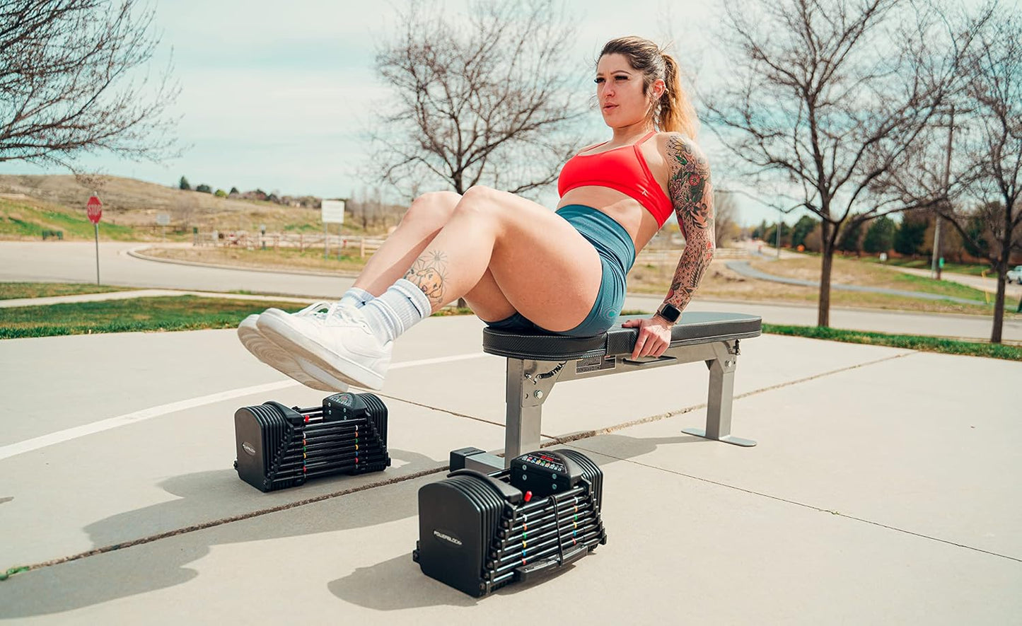 POWERBLOCK Travel Bench, Workout Bench, Folds Up for Easy Storage, Innovative Workout Equipment, Home & Commercial Gyms, Comfortable High Density Foam Upholstery Silver