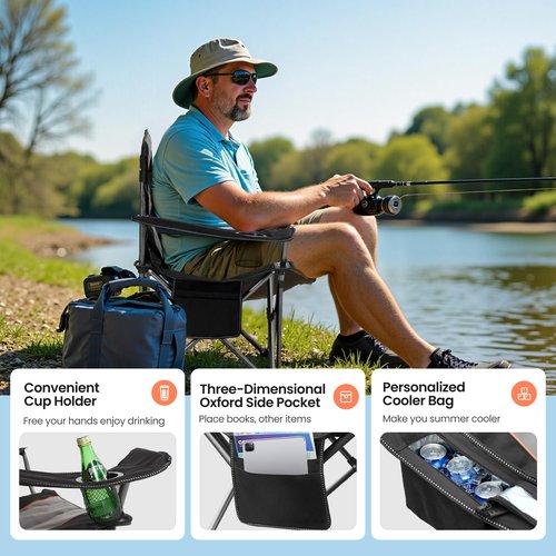 HIGH POINT SPORTS Oversized Camping Folding Chair, Heavy Duty Portable Lawn Chairs, Folding Chairs for Outside with Cup Holder and Cooler Bag for Camp, Travel, Support 450 LBS, 2 Pack, Black