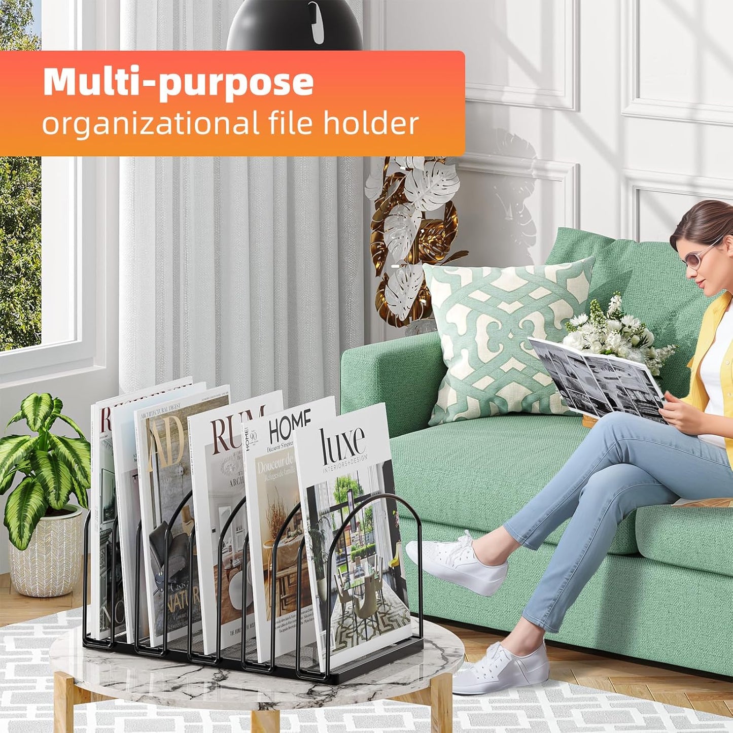 Simple Trending 9 Section Metal File Sorter Organizer for Desk, Vertical File Folder Stand for Home Office, Black