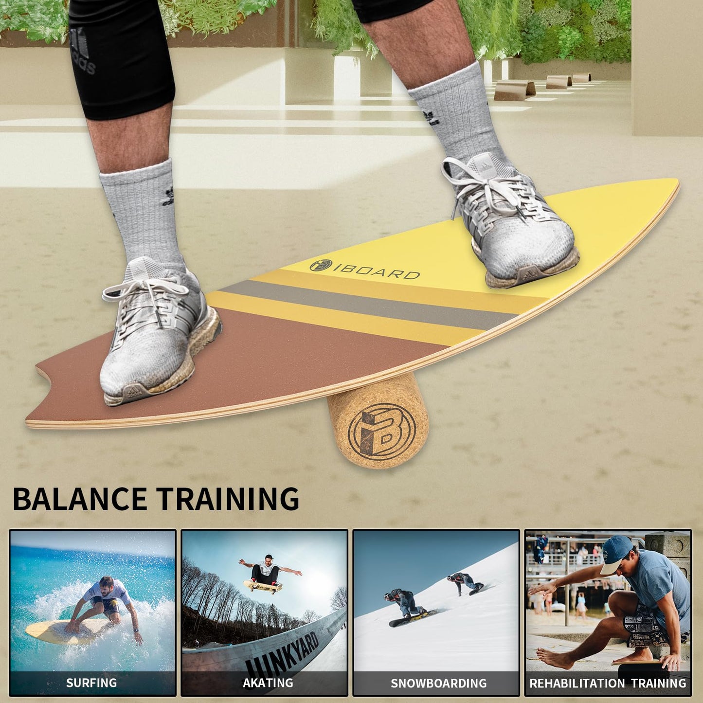 iBOARD Premium Balance Board Trainer With Rollers - 10 Layer Wooden Exercise Non-slip Surface Fish Tail for Surfing, Paddle, Yoga, Training