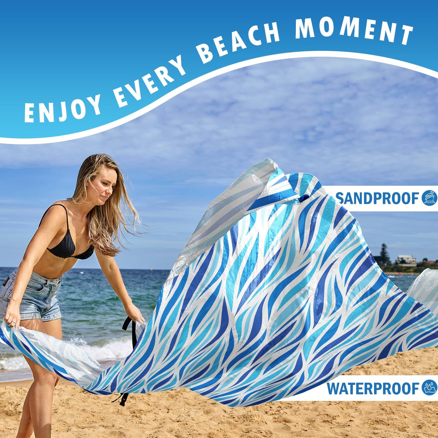 AlphaBeing Large Beach Blanket Waterproof Sandproof, Oversized Sand Free Beach Mat for 1-10 People, Lightweight & Quick Drying Picnic Blanket with 6 Stakes