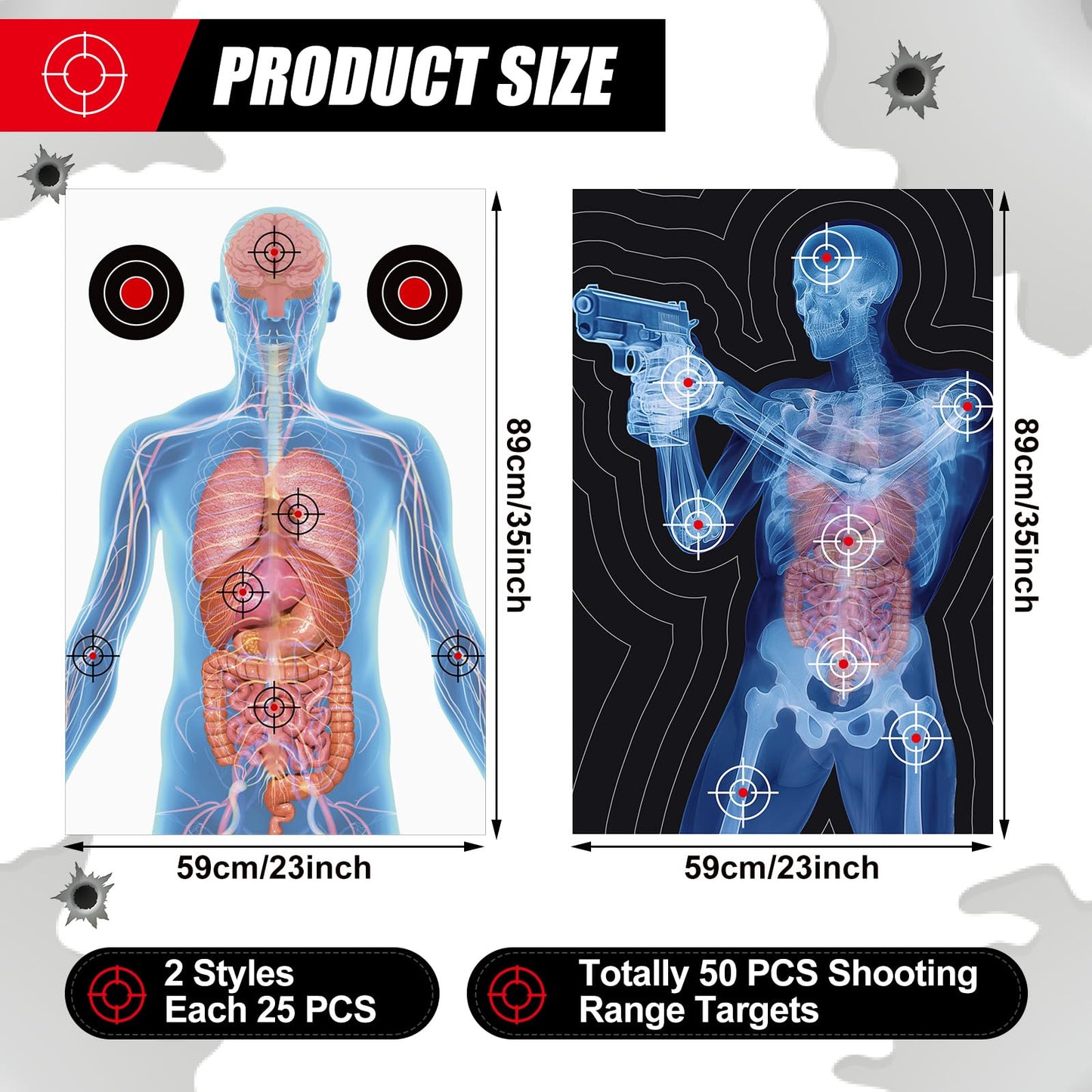 Hollowfly 50 Pack 23 x 35 Inch Shooting Range Targets Anatomical Paper Silhouette Paper Shooting Targets Human Silhouette Targeting X-Ray Skeleton Designs Anatomical for Practice