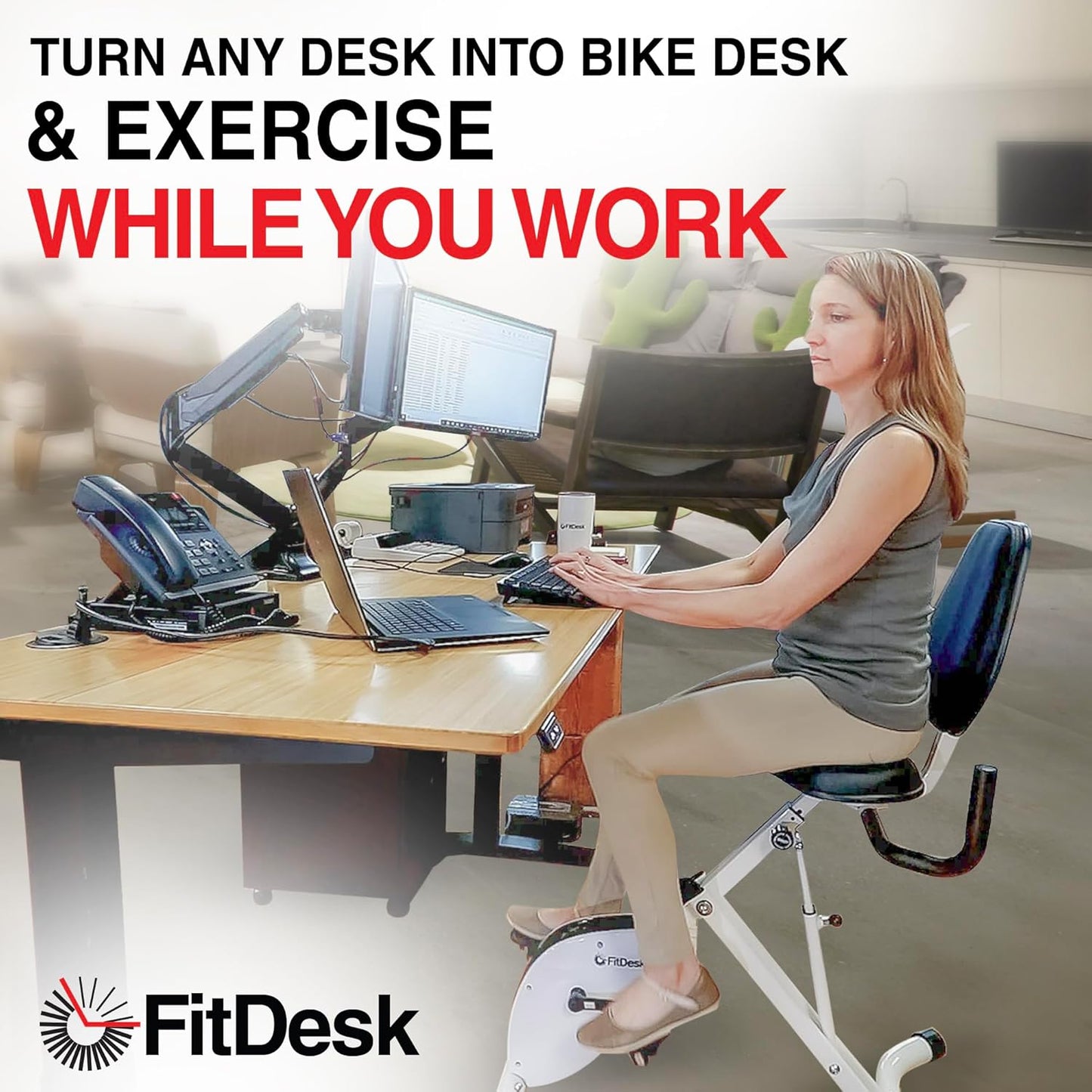 FitDesk Adjustable Exercise Bike Desk - Digital Monitor, 8 Resistance Levels, Foldable, Supports 242 lbs, White