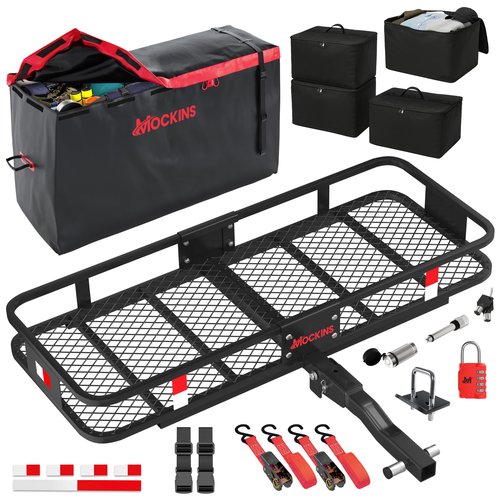 Mockins 48"x18"x6" Folding Hitch Cargo Carrier & 15 CuFt Waterproof Cargo Bag for Truck Bed w/ 4 Packing Cubes | Weatherproof 500 lbs Cap Car Trailer Hitch Rack for SUV, Truck, Van & RV w/Accessories