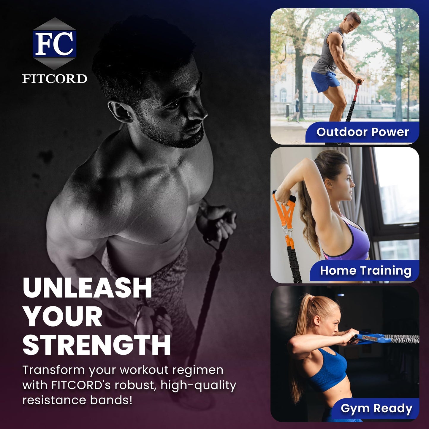 American Made FITCORD Resistance Bands 2 Pack with Door Anchor- Home Workout Equipment Set - Secure & Durable, Body Stretching & Strength Training for Men & Women - 7lb & 18lb Bands