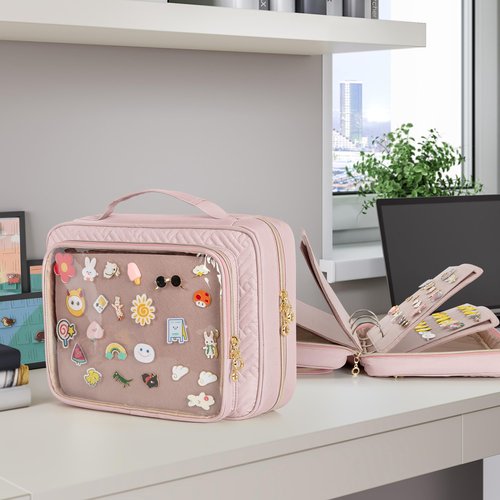 LUXJA Pin Display Bag with Detachable Pages (Fit for Pins, Brooches and Patches), Pin Bag Pin Book with Accessory Pockets, Pale Rose