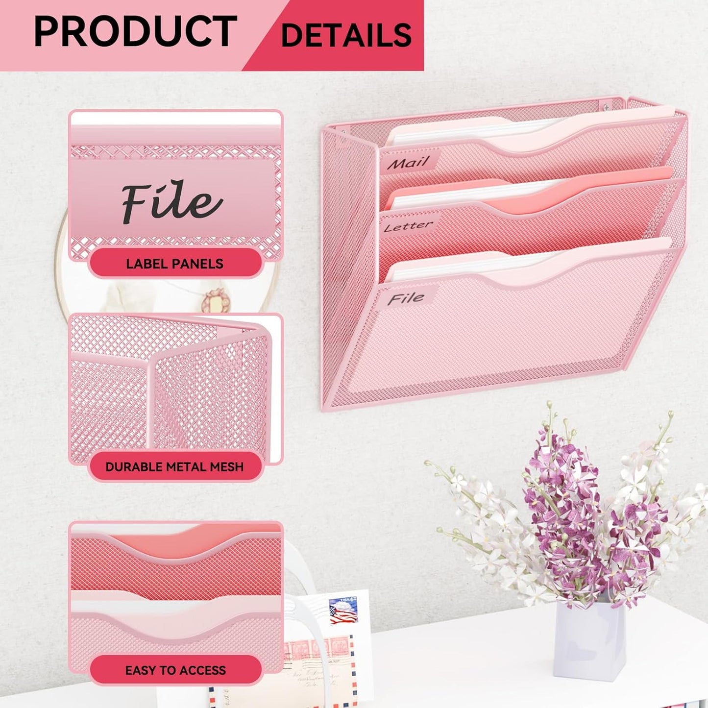 5 Pockets Mesh Hanging Wall File Holder Organizer Wall Mounted Paper Magazine Rack, Black