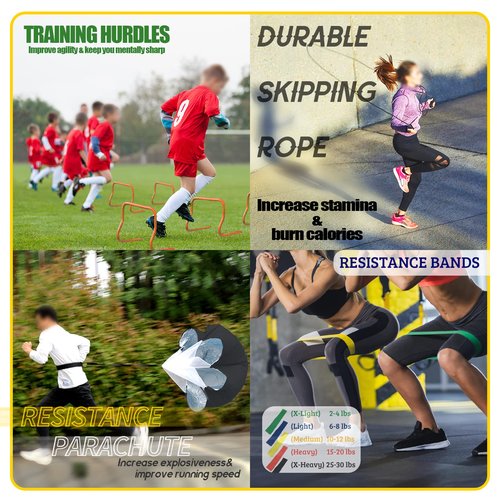 MKSY Agility Ladder Speed Training Equipment Set, Includes 20ft Agility Ladder, Parachute, 4 Agility Hurdles, 12 Disc Cones, 1 Jump Rope, 4 Stakes & 5 Bands for Basketball Soccer Training