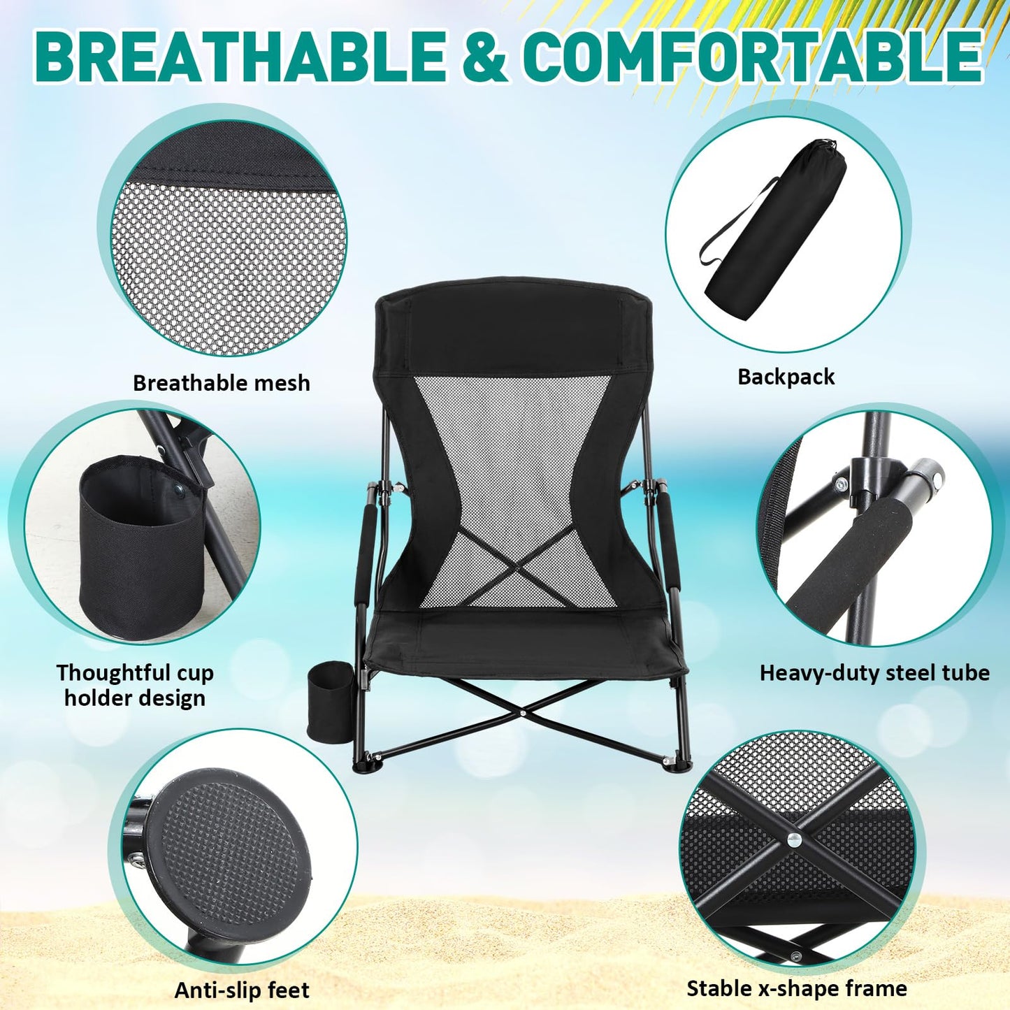 FillTouch 6 Packs Low Beach Chairs Portable Folding Low Back Camping Chair for Adults with Cup Holder Carry Bag Lightweight for Outdoor Sand Lawn Travel Concert (Black)