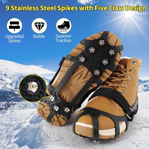 Xproutdoor Ice Cleats Snow Grips, Non-Slip Traction with 9 Spikes Crampons, Upgraded Version Stainless Steel, for Shoes/Boots, Snow Ice Walking