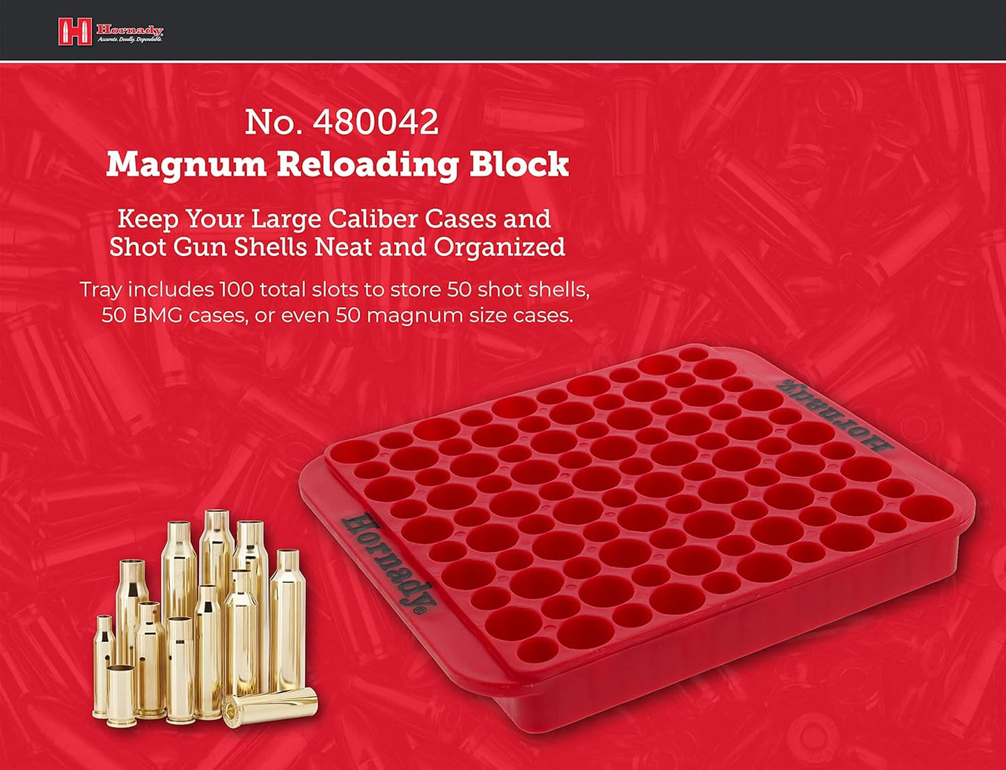 Hornady Magnum Loading Block, 480042 - Keep Your Reloading Bench Clean and Uncluttered with This Large Caliber Reloading Tray - Includes 100 Total Slots to Store 50 BMG Cases or Shotgun Shells