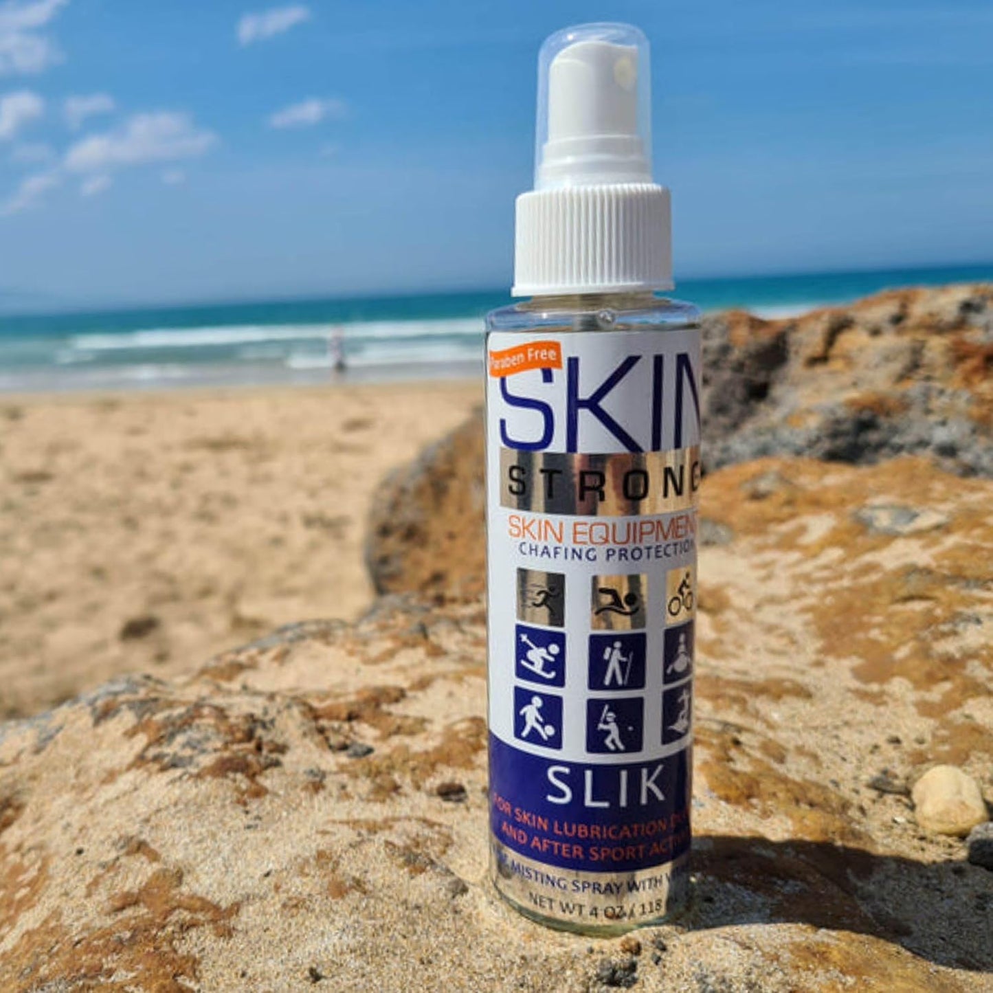 Skin Strong Slik Anti-Friction and Anti-Chafe Spray. Eliminates Chafing and Defends Against Friction. Quick Spray Application for Feet, Thighs, Bras, and Wetsuits. Non-Greasy and Non-Staining.
